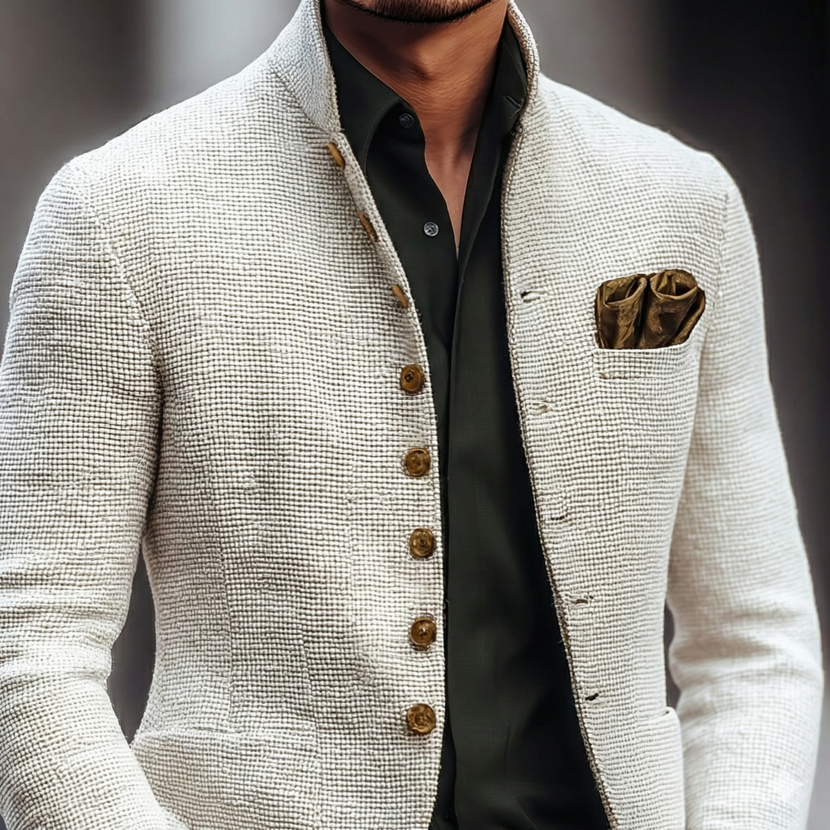 Men’s Textured Waffle-Knit Stand Collar Cardigan