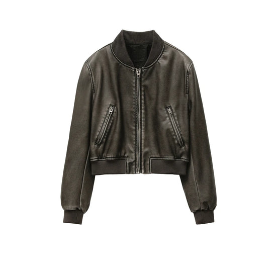 Women's Vintage Faux Leather Bomber Jacket