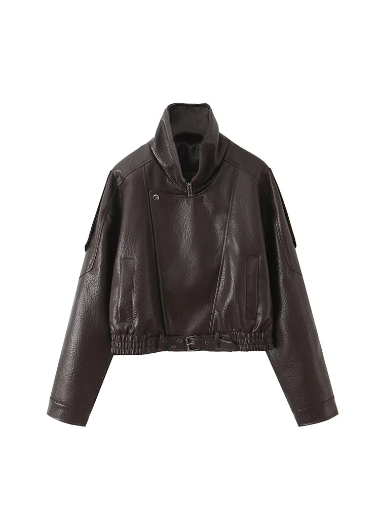 Cropped Embossed Faux-Leather Moto Jacket – Belted Streetwear