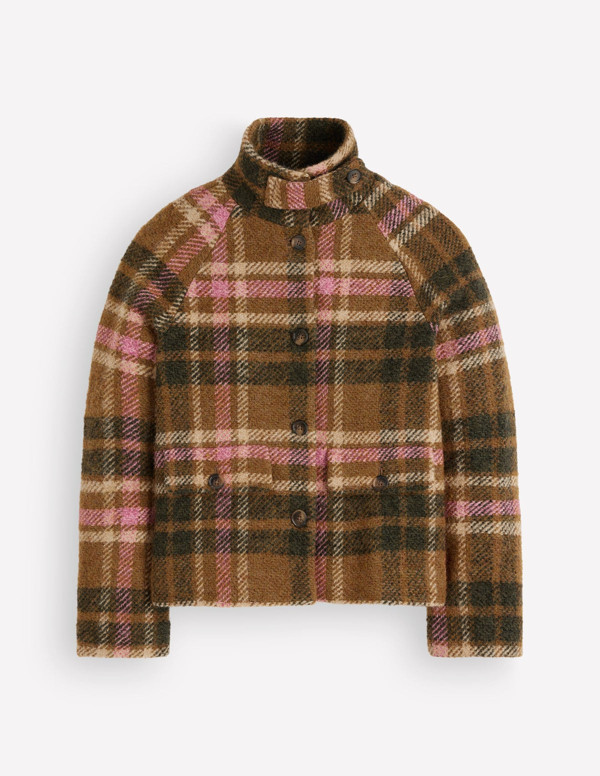 Short Funnel Neck Wool Coat-Green and Pink Check