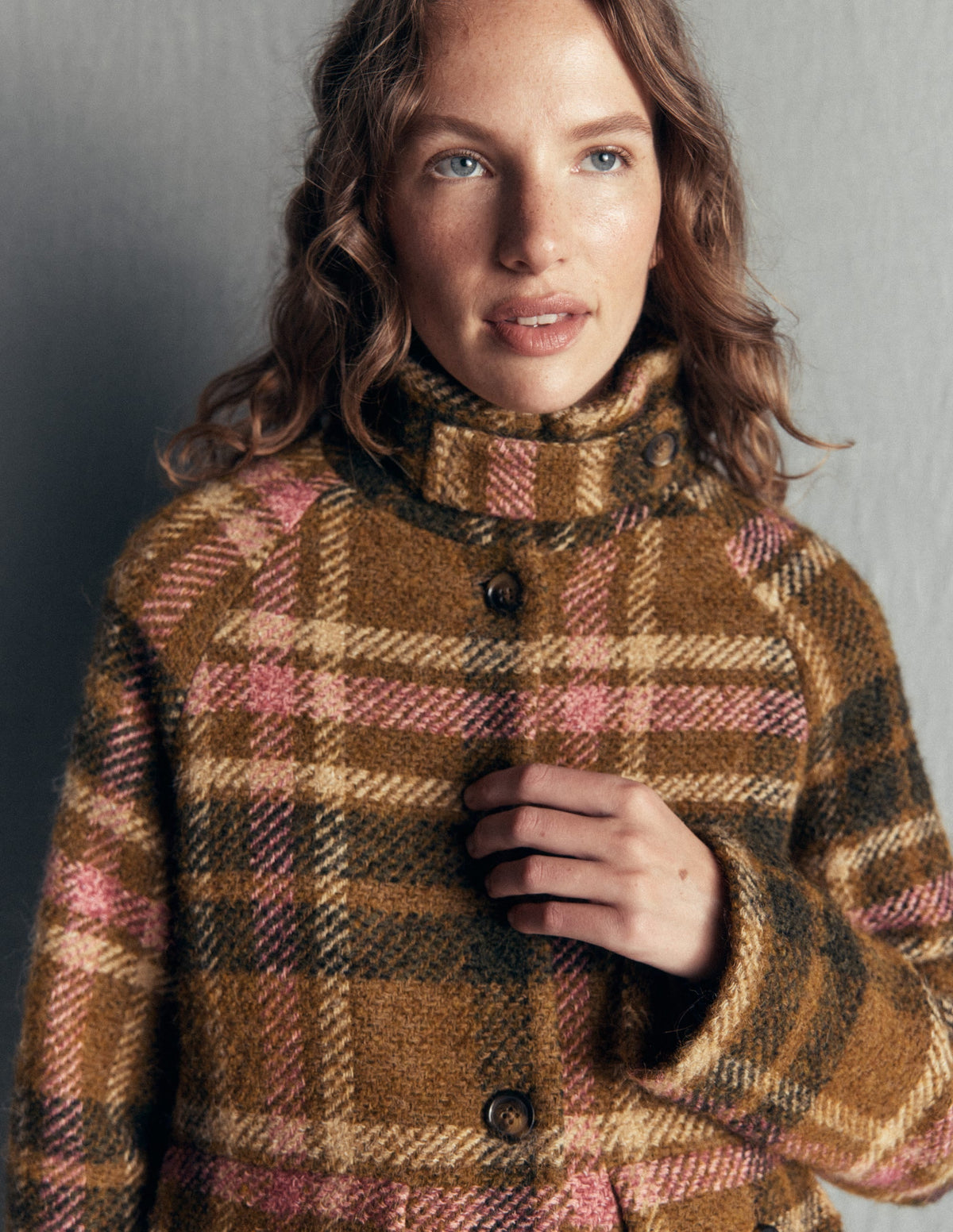 Short Funnel Neck Wool Coat-Green and Pink Check