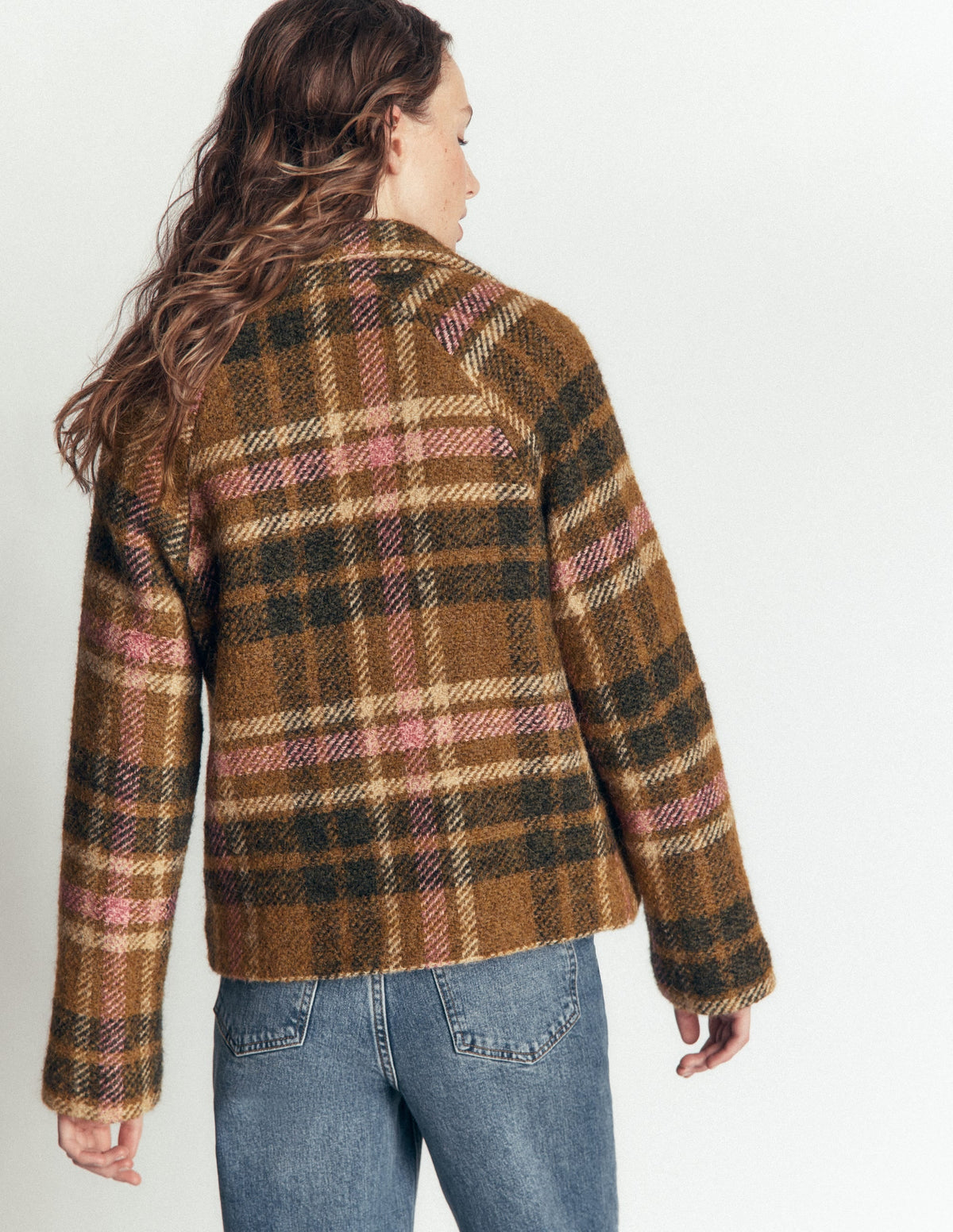 Short Funnel Neck Wool Coat-Green and Pink Check