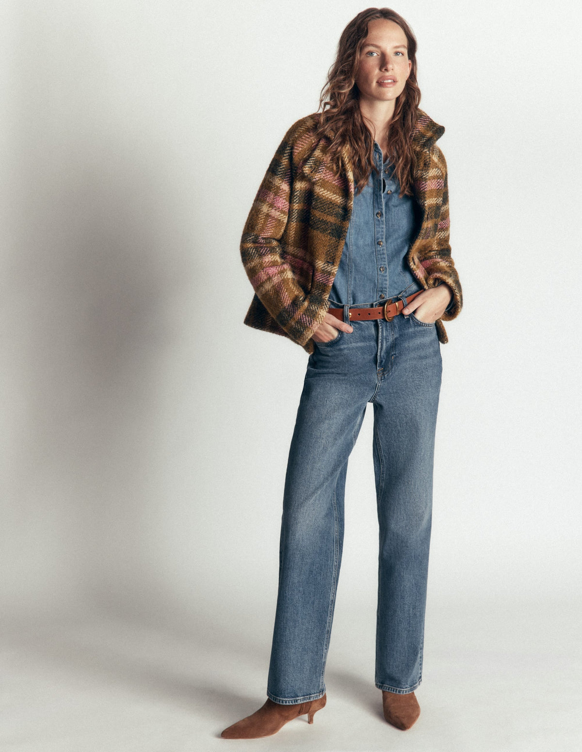 Short Funnel Neck Wool Coat-Green and Pink Check