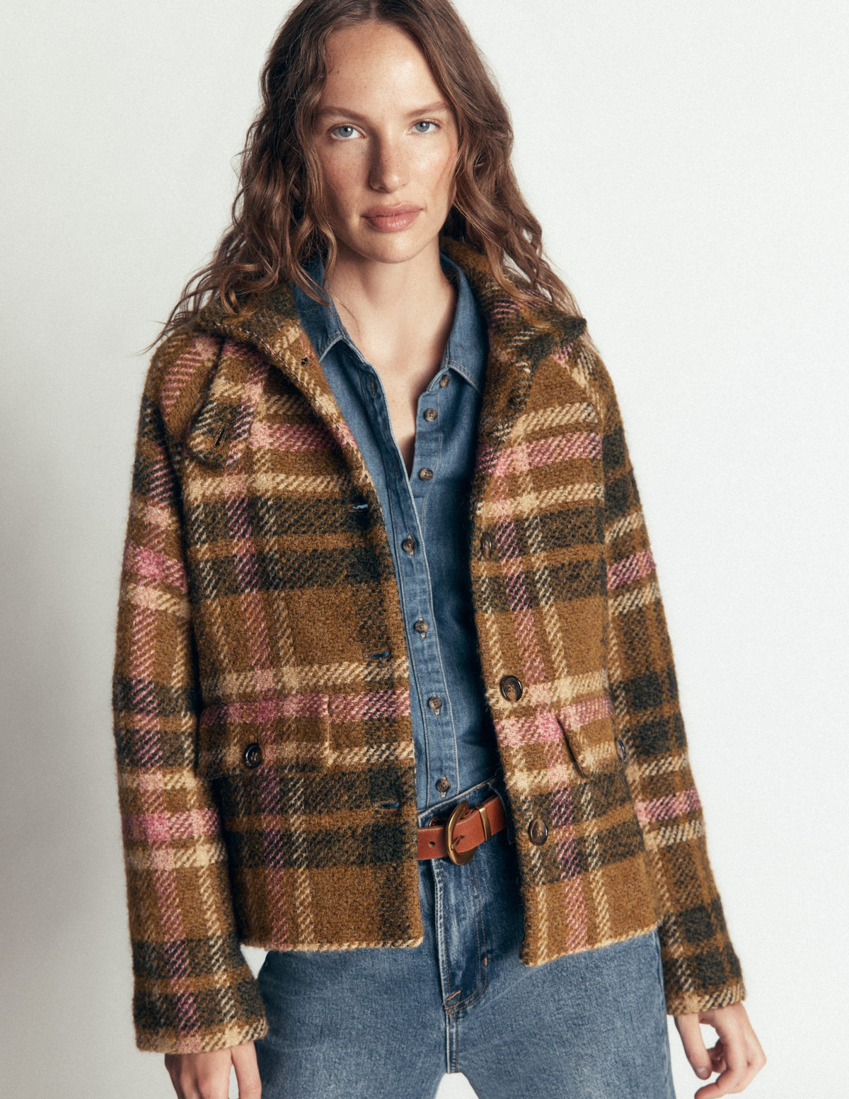 Short Funnel Neck Wool Coat-Green and Pink Check