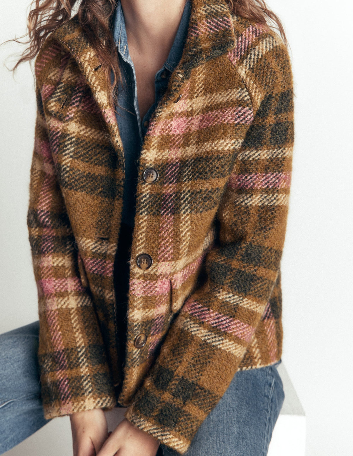 Short Funnel Neck Wool Coat-Green and Pink Check
