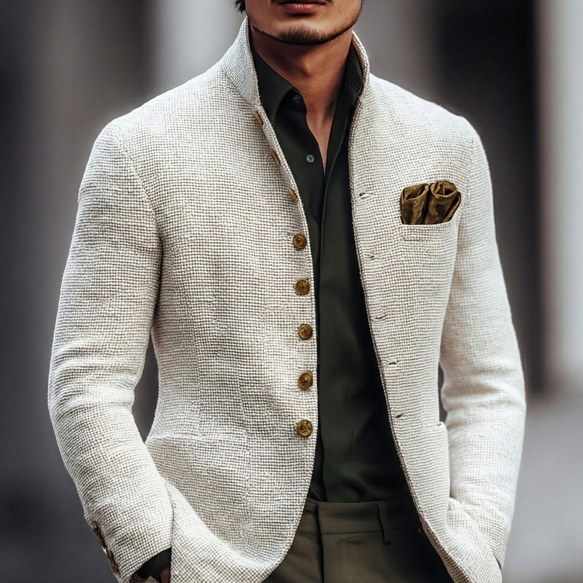 Men’s Textured Waffle-Knit Stand Collar Cardigan
