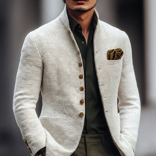 Men’s Textured Waffle-Knit Stand Collar Cardigan