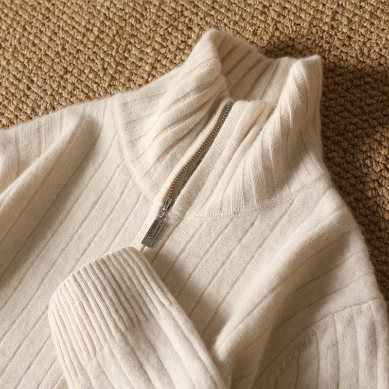 Luxe Off-White Full-Zip Knit Cardigan