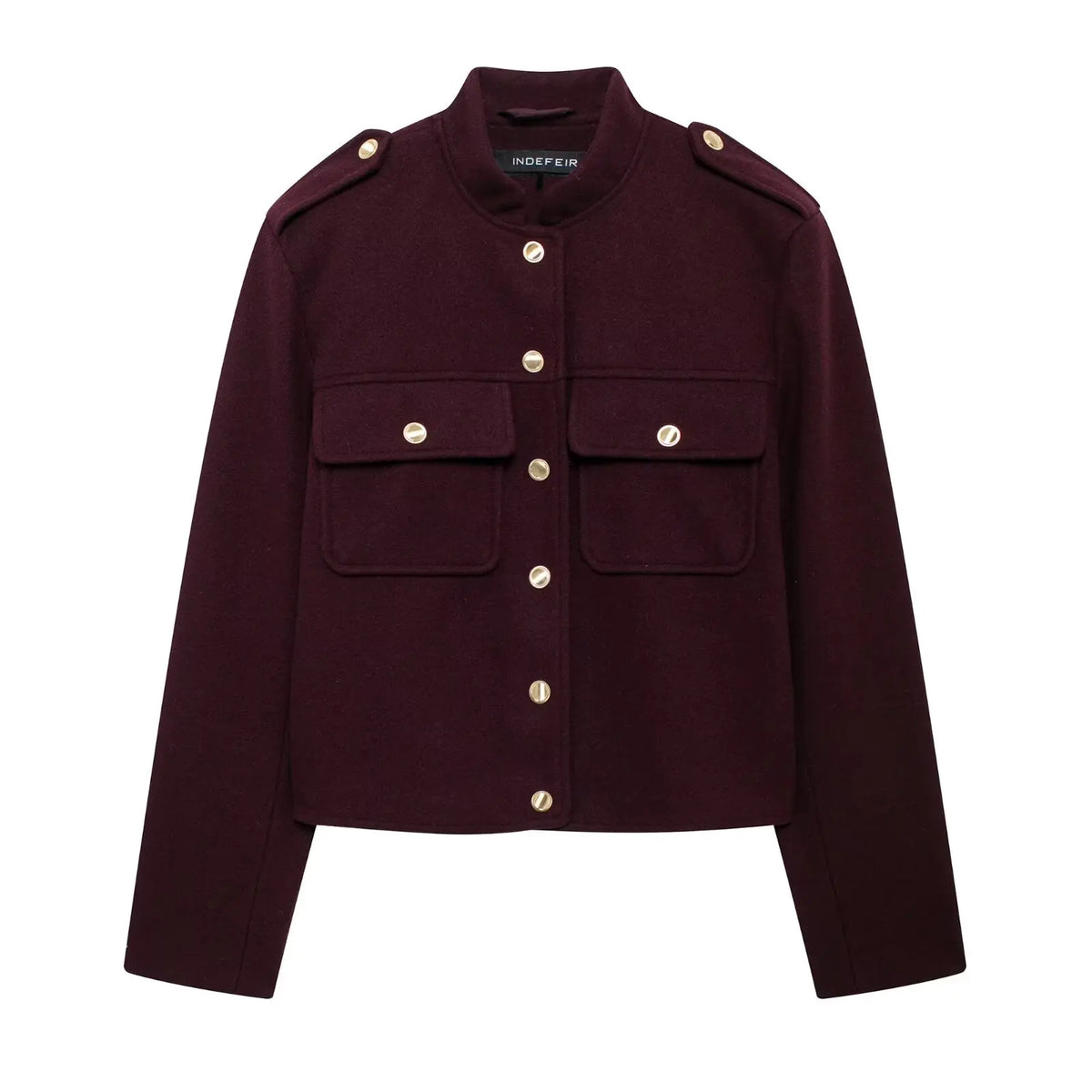 Chic Burgundy Military-Style Cropped Jacket – Gold Button Accent