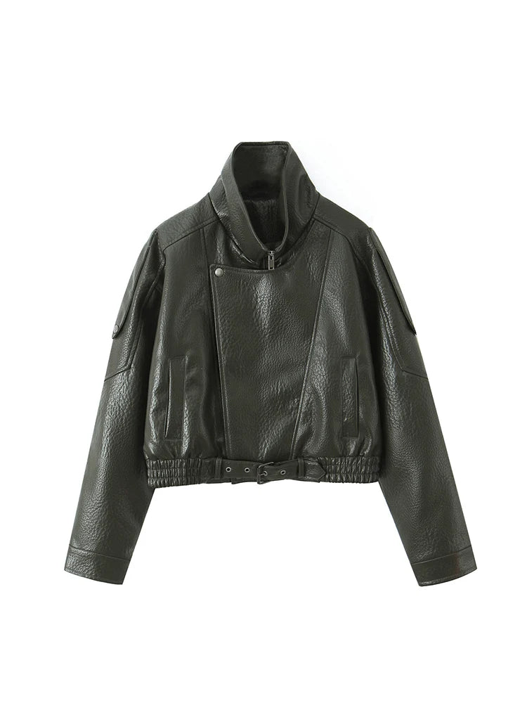 Cropped Embossed Faux-Leather Moto Jacket – Belted Streetwear