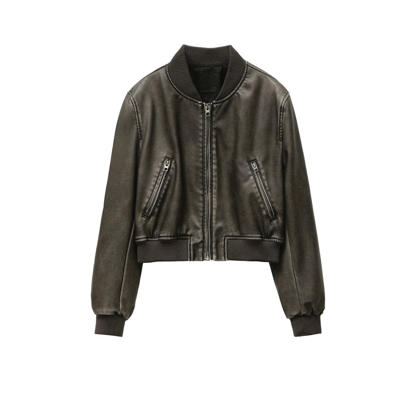 Women's Vintage Faux Leather Bomber Jacket