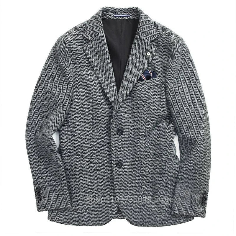Men’s Gray Wool Tweed Herringbone Blazer