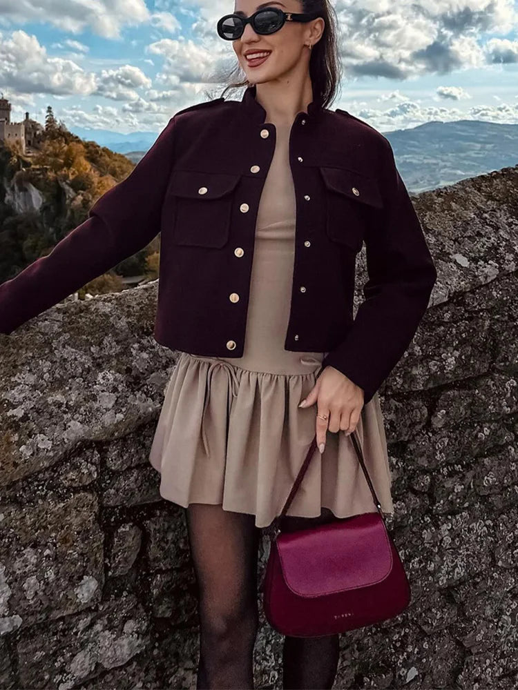 Chic Burgundy Military-Style Cropped Jacket – Gold Button Accent