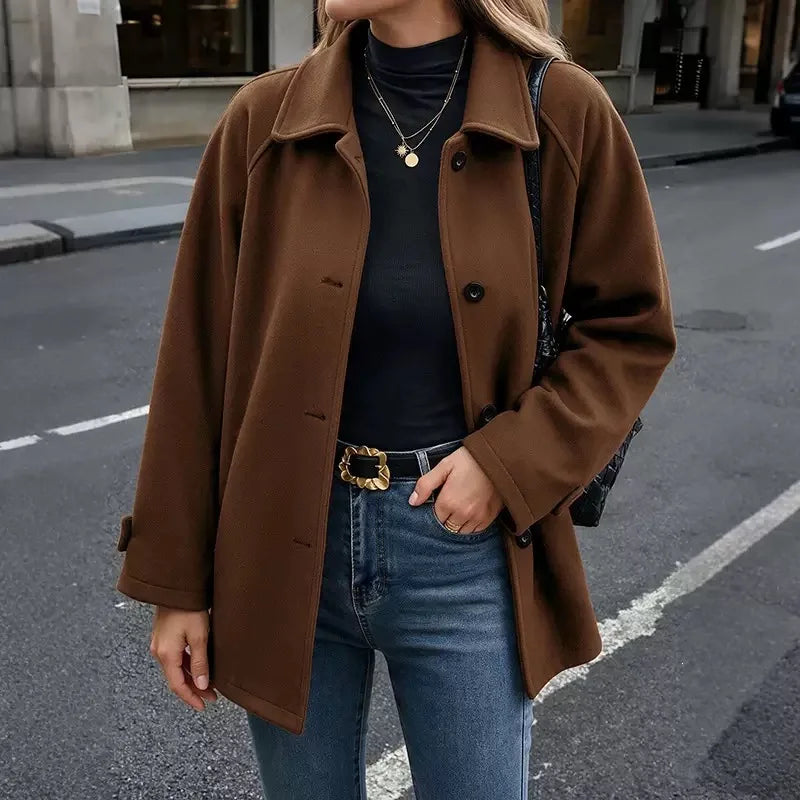 Women's Mid-Length Woolen Turn-Down Collar Coat
