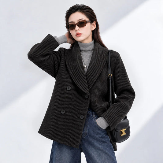 Women’s Dark Gray Pleated Ribbed Knit Coat