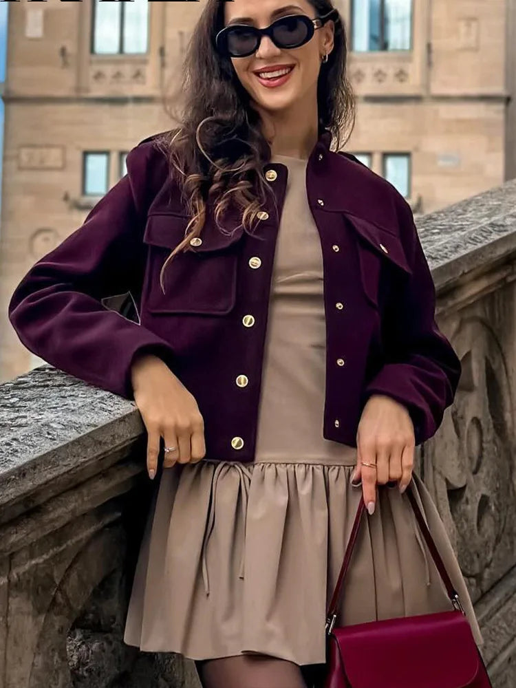Chic Burgundy Military-Style Cropped Jacket – Gold Button Accent