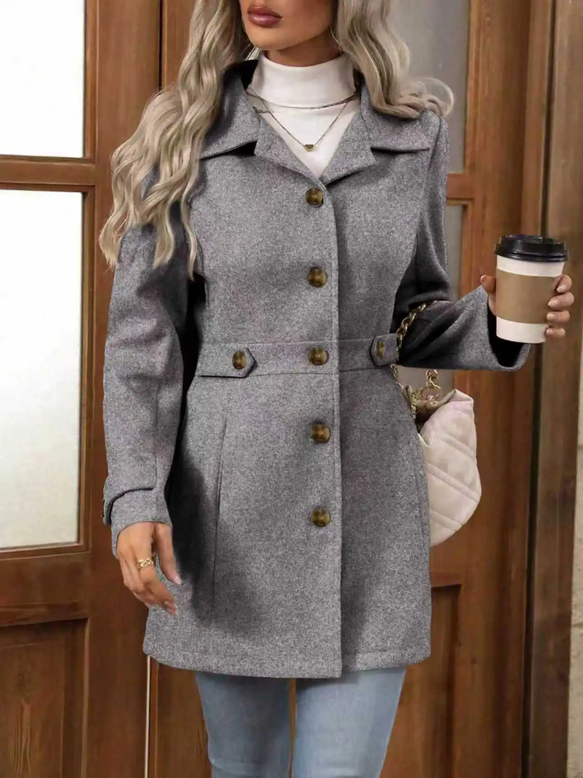 Elegant Beige Button-Down Mid Coat – Autumn/Winter Essential