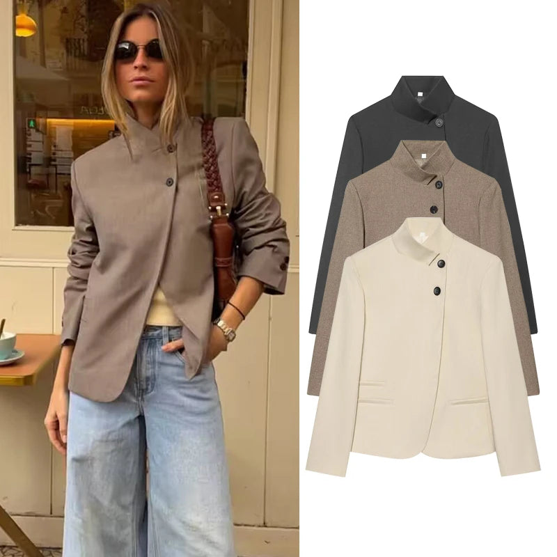 Modern Asymmetric High-Neck Blazer