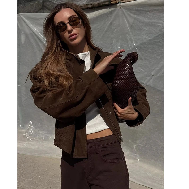 Chic Chocolate Suede Cropped Bomber Jacket – High-Street Autumn