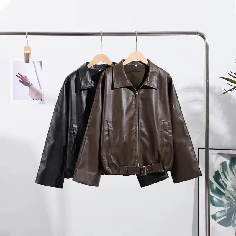 Vintage Belted Faux-Leather Bomber Jacket – Espresso & Onyx Edition