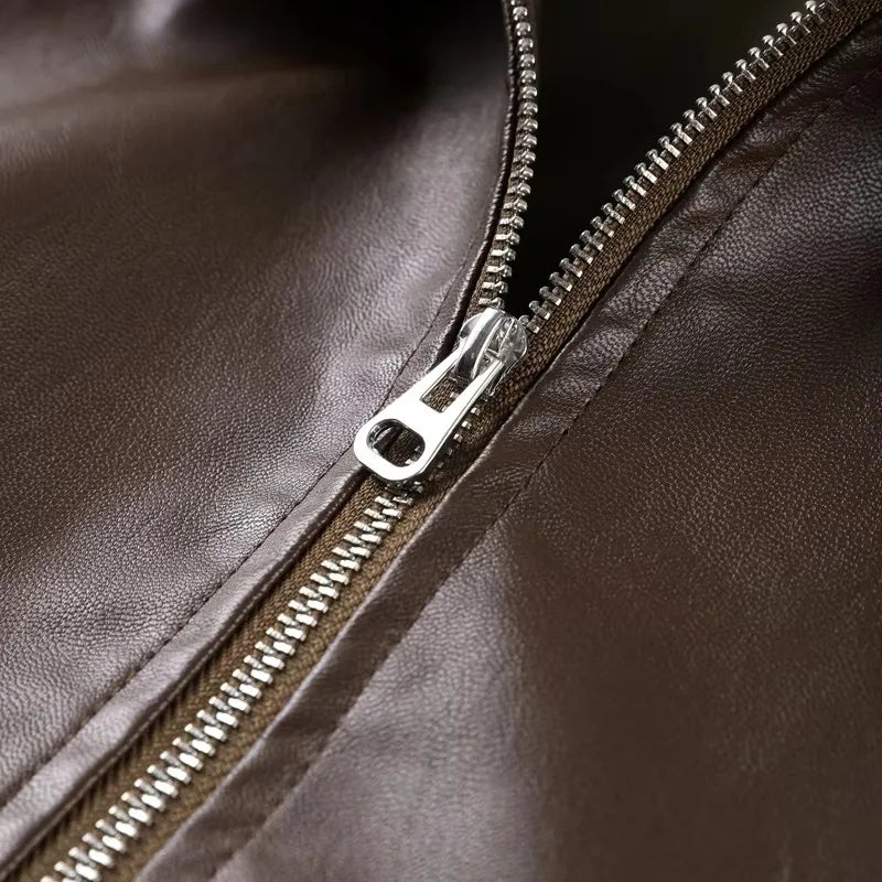 Vintage Belted Faux-Leather Bomber Jacket – Espresso & Onyx Edition