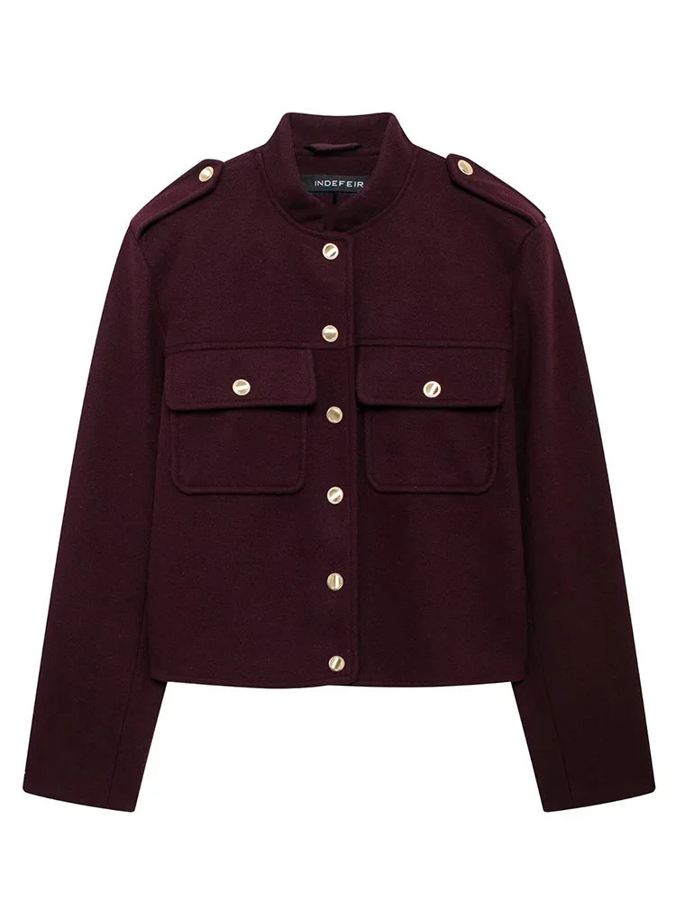 Chic Burgundy Military-Style Cropped Jacket – Gold Button Accent