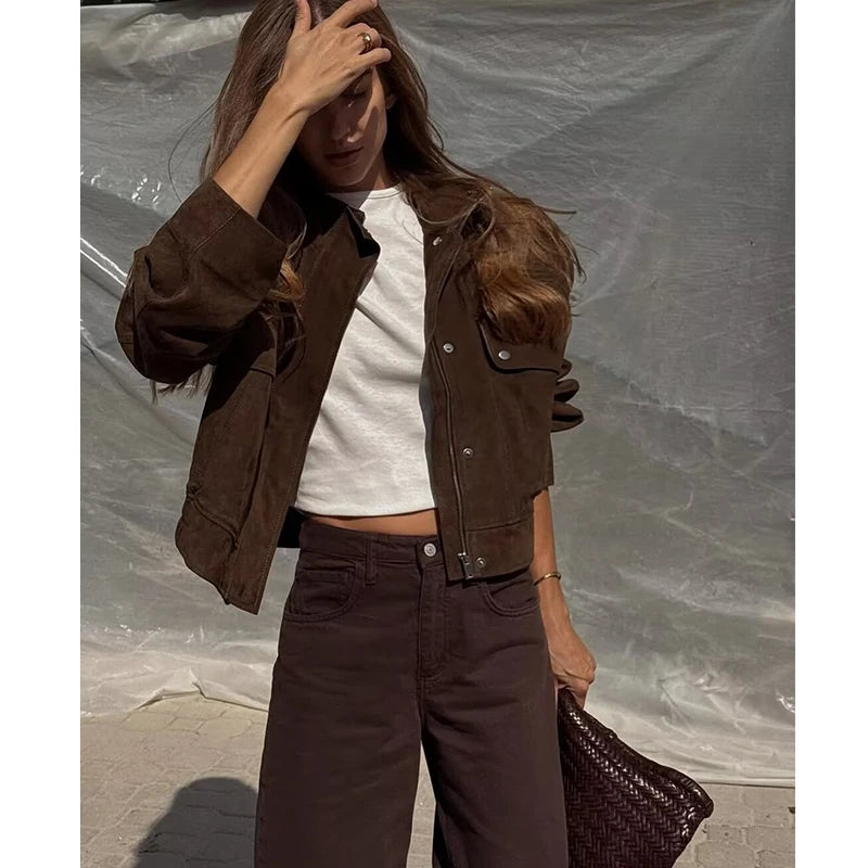 Chic Chocolate Suede Cropped Bomber Jacket – High-Street Autumn