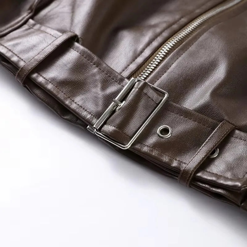 Vintage Belted Faux-Leather Bomber Jacket – Espresso & Onyx Edition