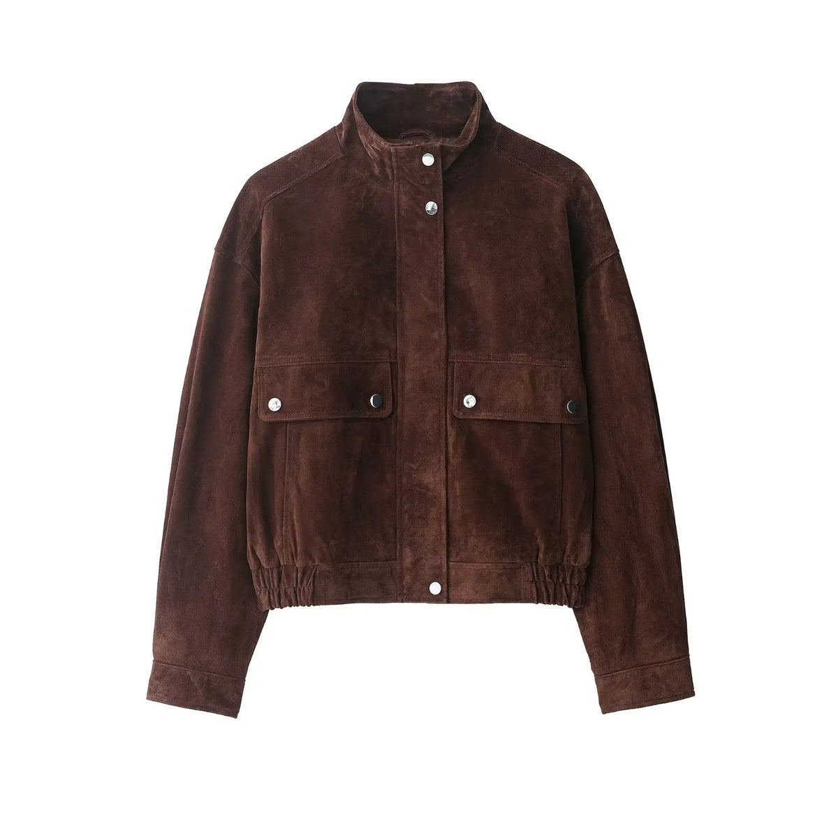 Chic Chocolate Suede Cropped Bomber Jacket – High-Street Autumn