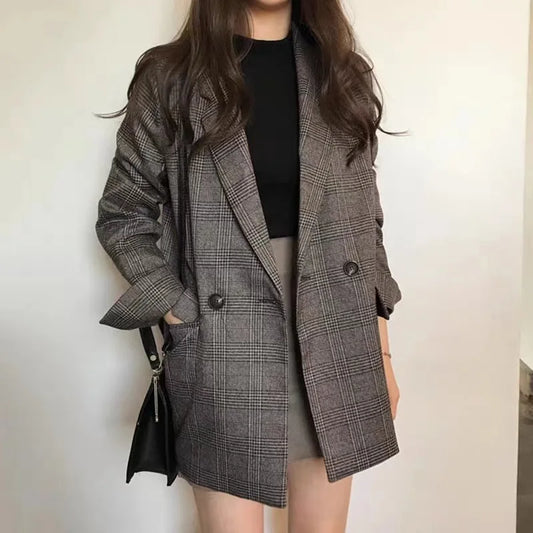 Women’s Vintage Plaid Double-Breasted Blazer
