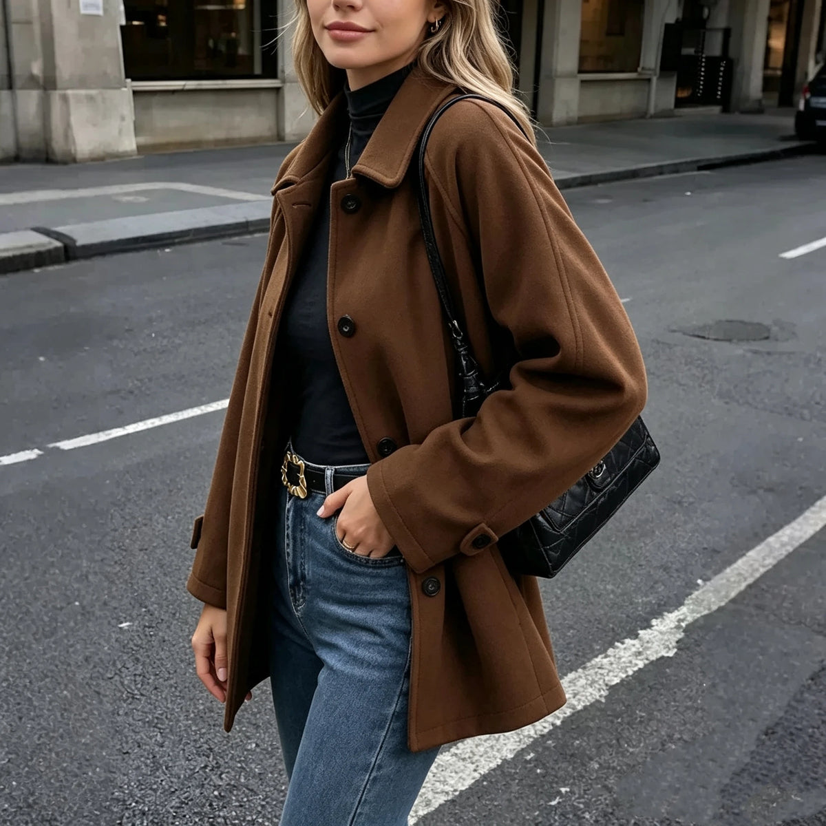 Women's Mid-Length Woolen Turn-Down Collar Coat