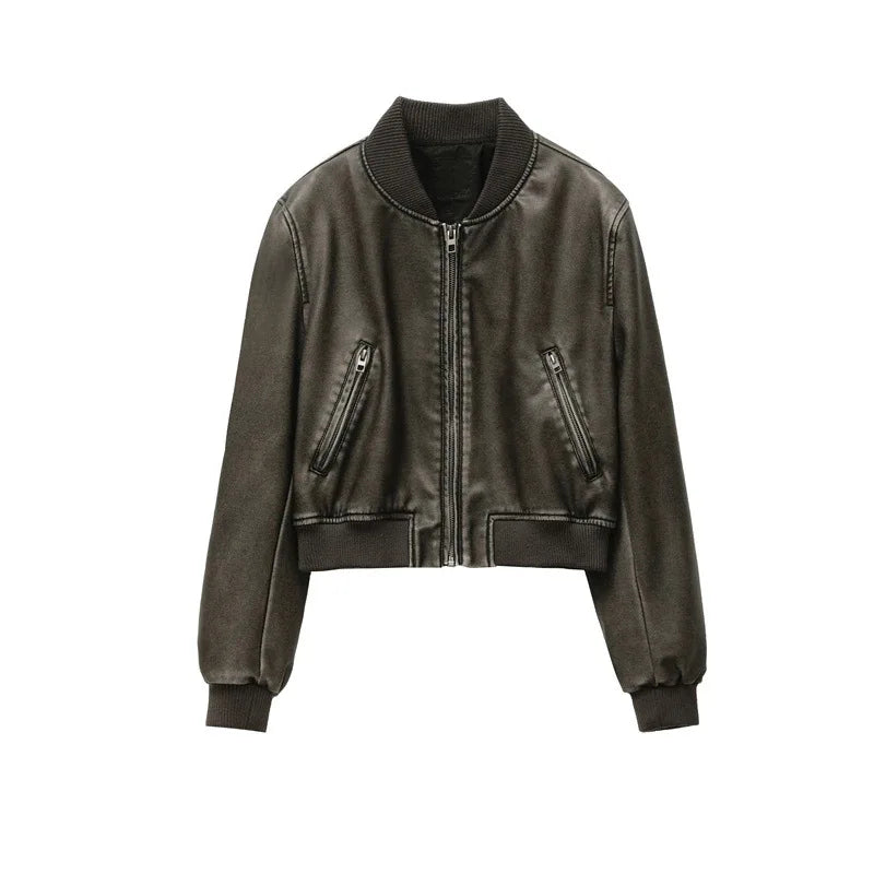 Women's Vintage Faux Leather Bomber Jacket