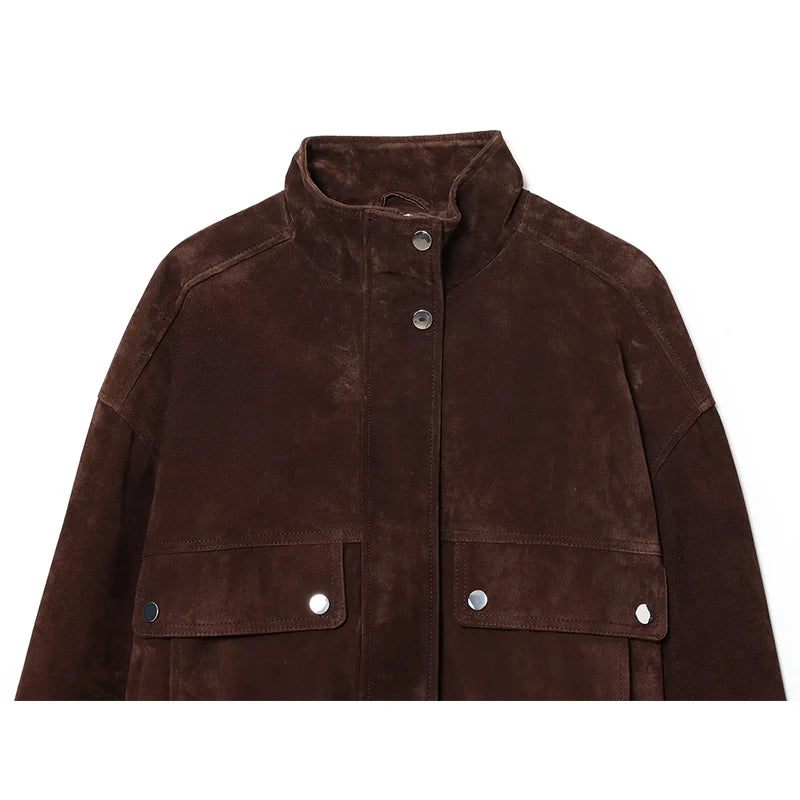 Chic Chocolate Suede Cropped Bomber Jacket – High-Street Autumn