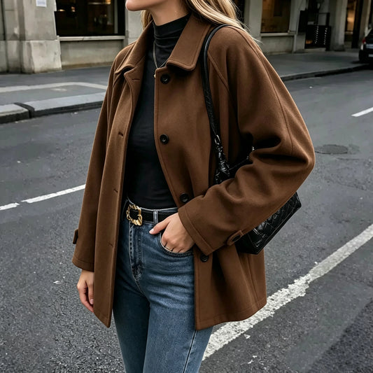 Women's Mid-Length Woolen Turn-Down Collar Coat