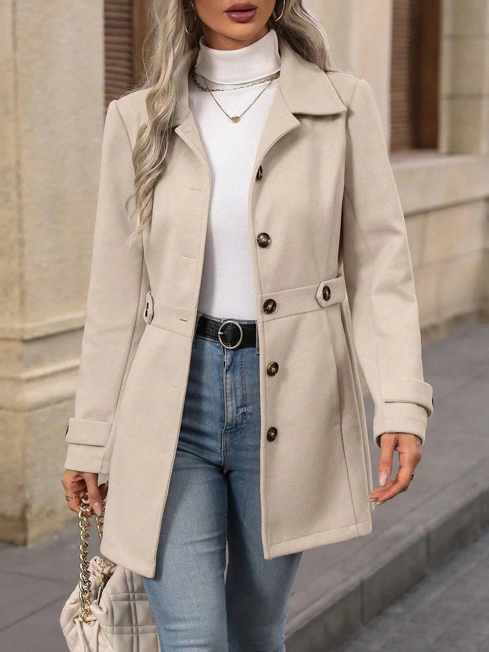 Elegant Beige Button-Down Mid Coat – Autumn/Winter Essential