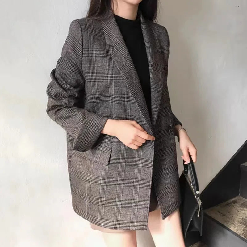 Women’s Vintage Plaid Double-Breasted Blazer